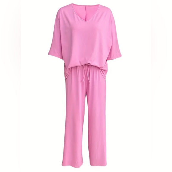 Casual Solid Color Pants Set, Half Sleeve V Neck Top & Wide Leg Pants Outfit - Picture 9 of 12